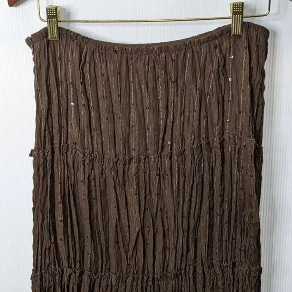 Vintage Y2K Notations Maxi Skirt Brown Crinkle Pleat Metallic Thread with Sequin
